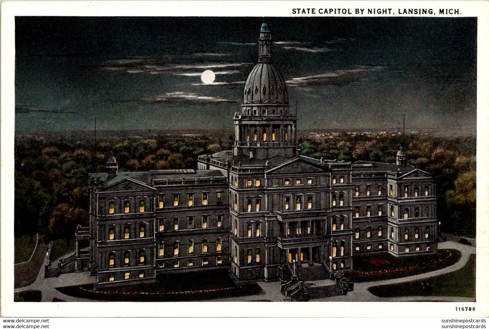 Michigan Lansing State Capitol By Night Curteich - Lansing