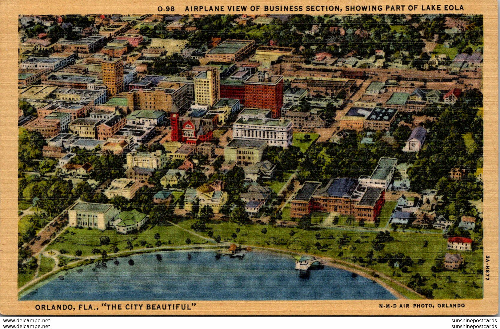 Florida Orlando Airplane View Of Business Section Showing Part Of Lake Eola 1956 Curteich - Orlando