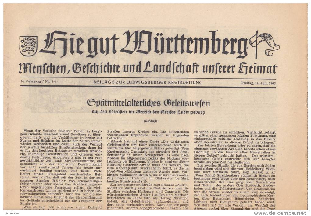 Hie Gut Württemberg, Geschichte Und Landschaft, Beilage Zur Ludwigsburger Kreiszeitung 14.6.1963, Ludwigsburg, Zabergäu - 2. Medio Evo