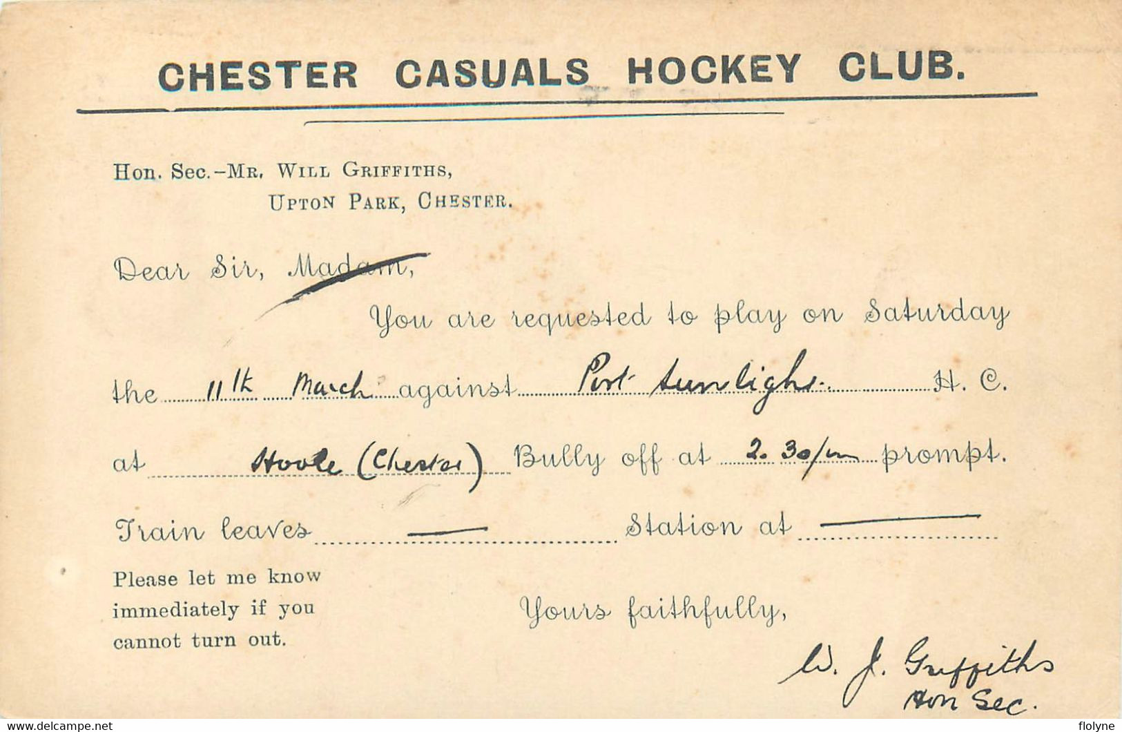 Chester - CHESTER CASUALS HOCKEY CLUB - Carte De Match Du Club - England United Kingdom - Chester