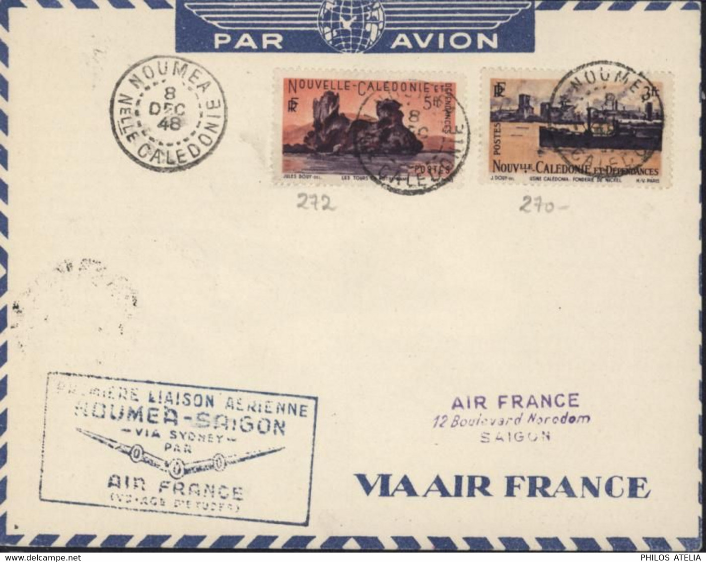 Cachet Première Liaison Aérienne Nouméa Saignon Via Sydney Par Air France Voyage D'études YT Nouvelle Calédonie 270 272 - Covers & Documents