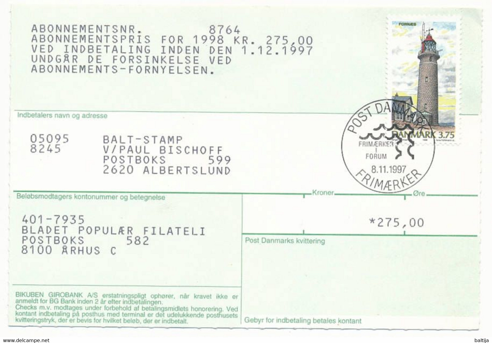 Mi 1132 Solo Postgiro Postcard / Lighthouse - 8 November 1997 Frimærker I Forum - Storia Postale