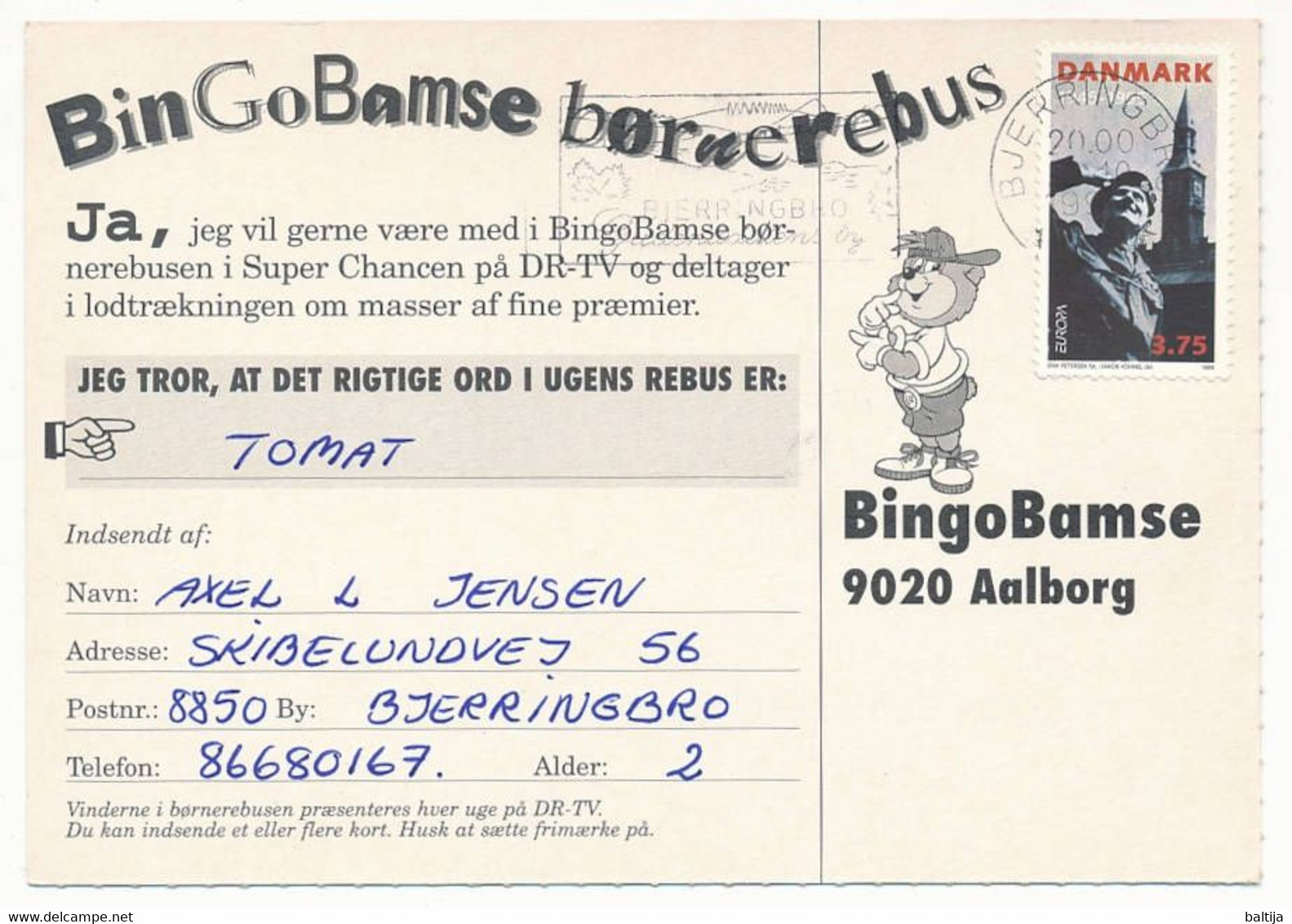 Mi 1100 Solo Slogan Postcard / CEPT, Europa, LEGO - 2 October 1995 Bjerringbro - Brieven En Documenten