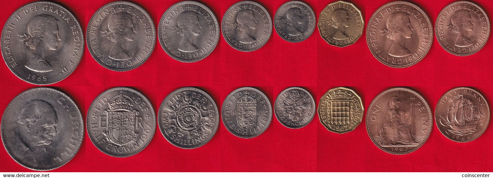 Great Britain Set Of 8 Coins: 1/2 Penny - 1 Crown 1965-1967 UNC - Altri & Non Classificati