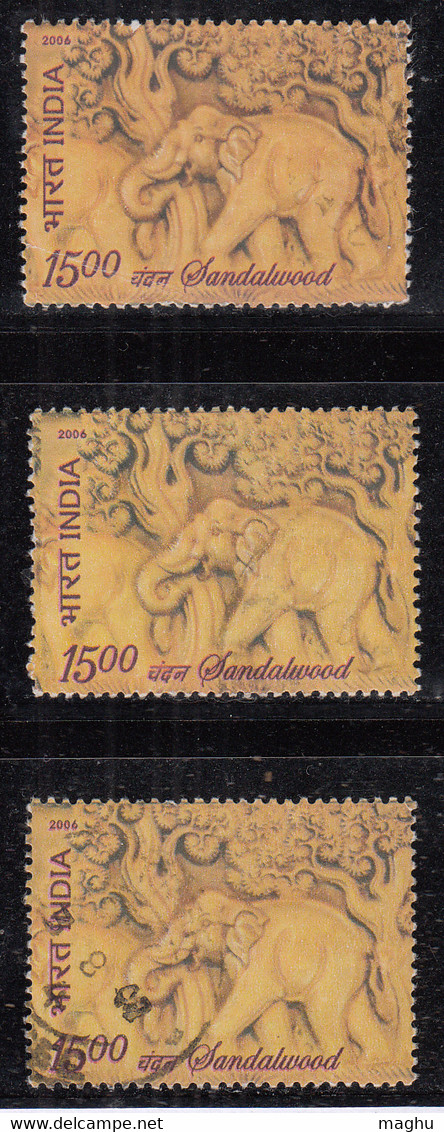 EFO, 3 Diff., Colour Variety, India Used 2006, Sandalwood, Elephant, Tree, - Errors, Freaks & Oddities (EFO)