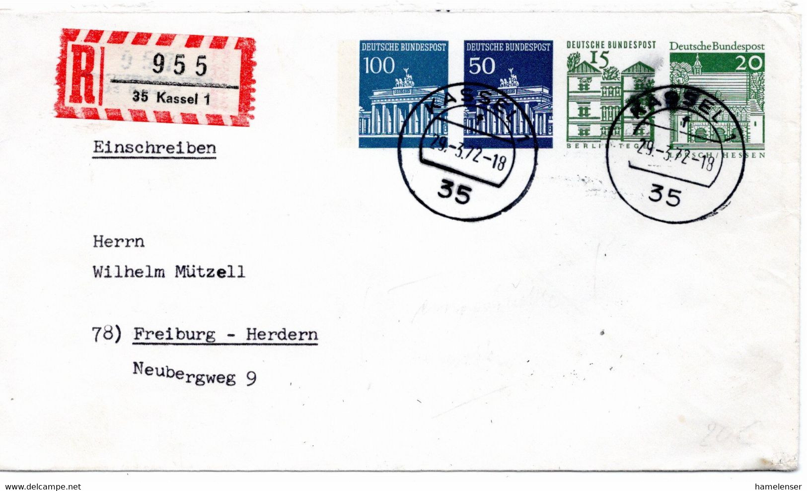 54743 - Bund - 1972 - 100Pfg Brandenburger Tor Etc R-PGAUmschl KASSEL -> Freiburg - Lettres & Documents