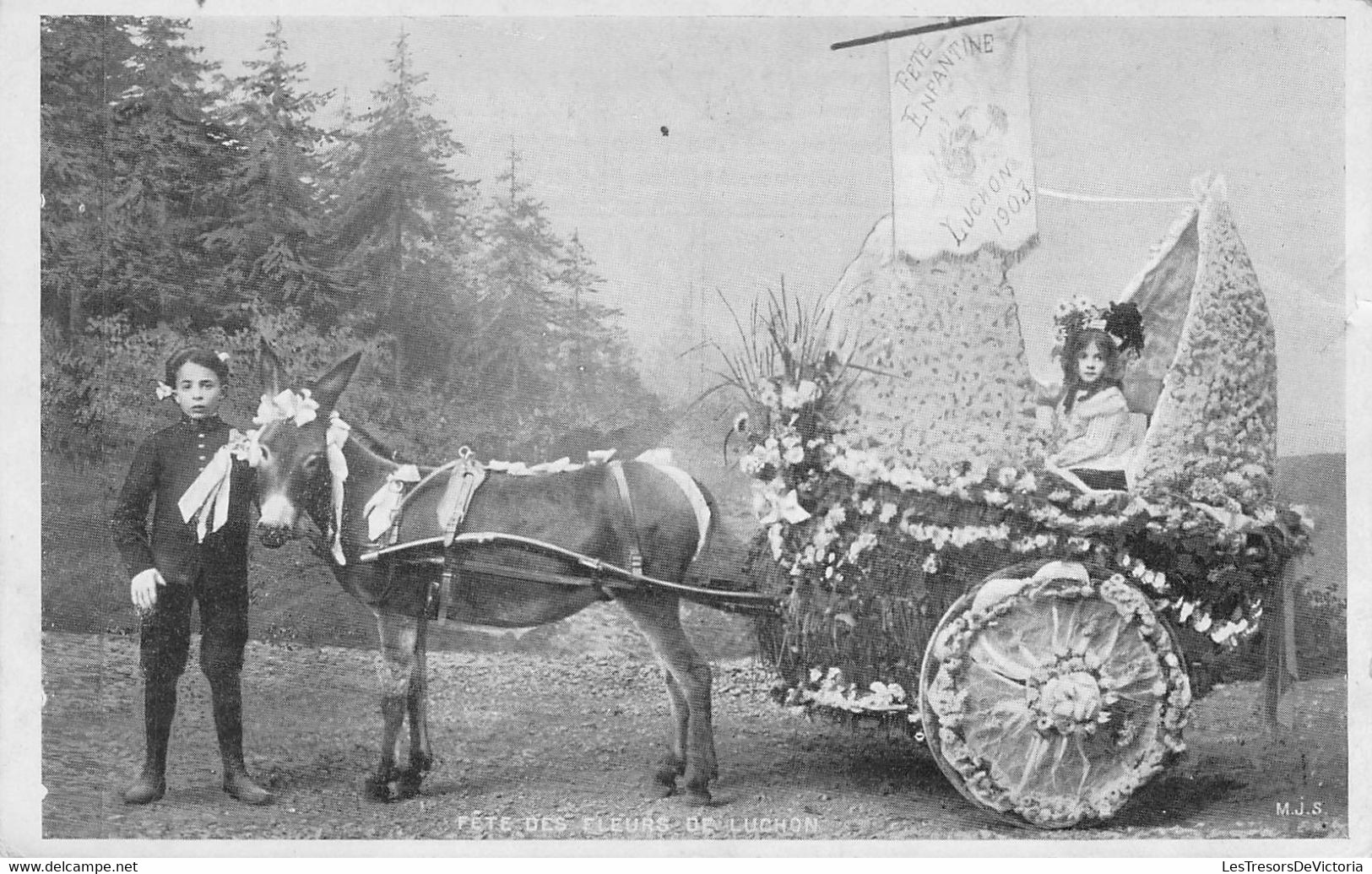 CPA Précurseur - 31 - LUCHON - Fête Des Fleurs - Animée - Ane - Charette Remplie De Fleurs- MJS - Luchon