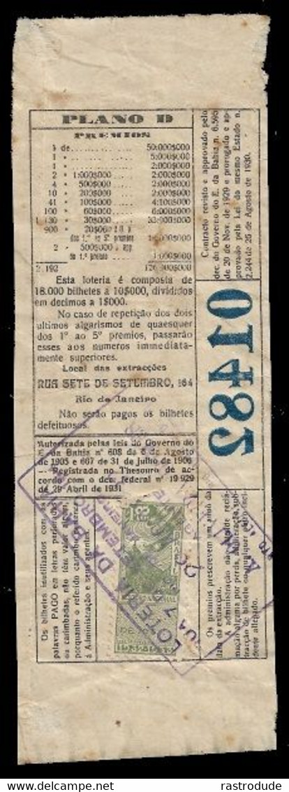 1932 BRAZIL BRASIL - LOTTERY TICKET BILHETE DE LOTERIA DO ESTADO DA BAHIA - Lottery Tickets