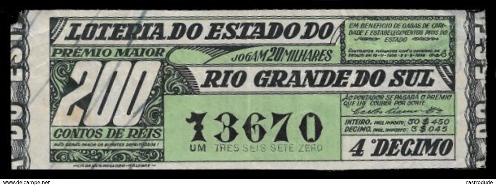 1941 BRAZIL BRASIL - LOTTERY TICKET BILHETE DE LOTERIA DO RIO GRANDE DO SUL - Lottery Tickets