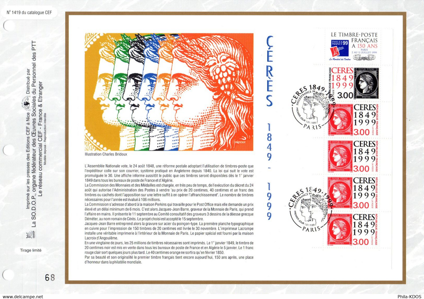 &#9989;  PHILEXFRANCE 99 : 150 ANS DU 1er TIMBRE / CERES Sur Feuillet CEF 1er Jour N°té De 1999 N°YT BC3212 FDC - Postzegels Op Postzegels