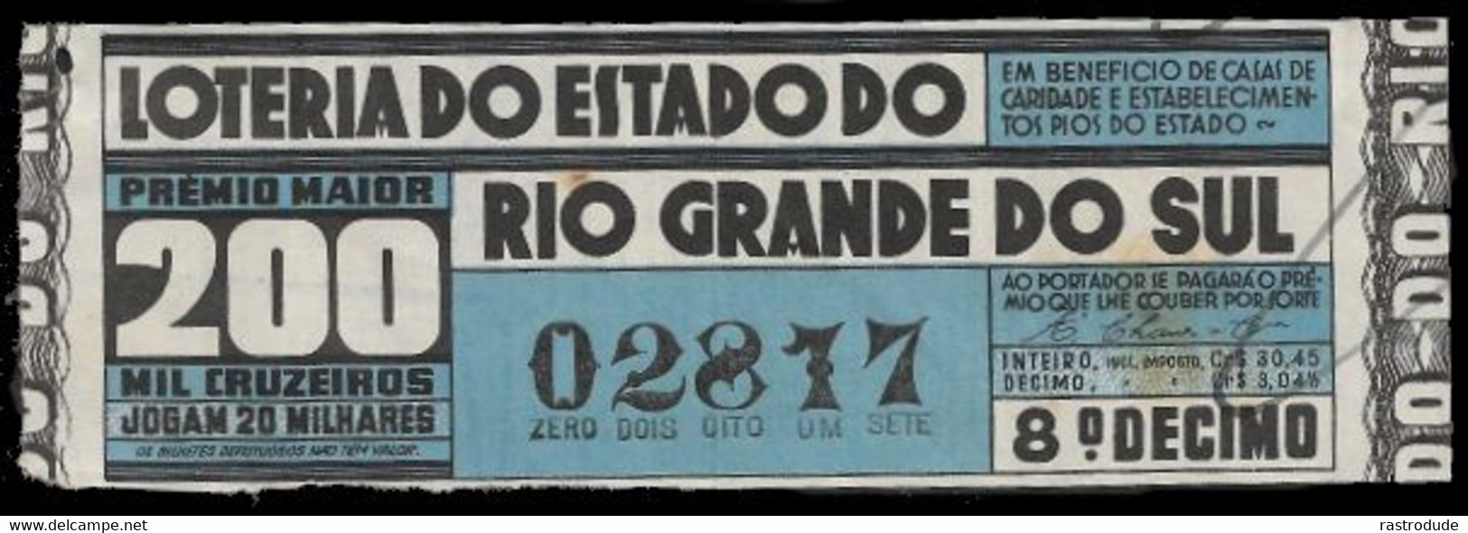 1943 BRAZIL BRASIL - LOTTERY TICKET BILHETE DE LOTERIA DO RIO GRANDE DO SUL - Lottery Tickets