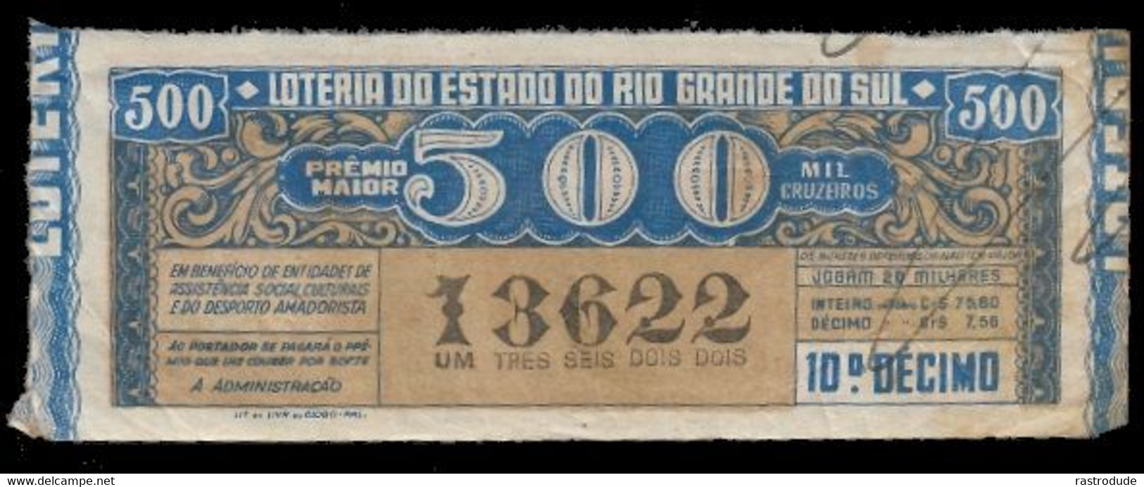 1948 BRAZIL BRASIL - LOTTERY TICKET BILHETE DE LOTERIA DO RIO GRANDE DO SUL - Lottery Tickets