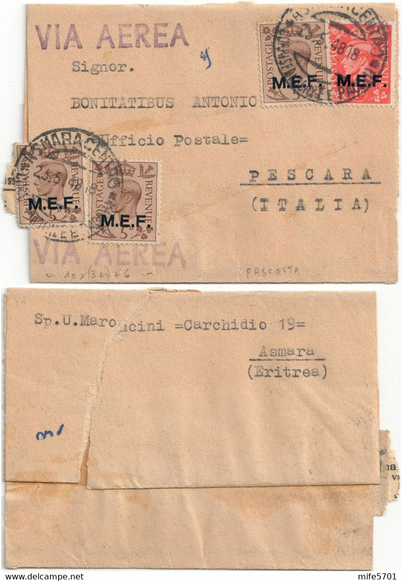 REGNO D'ITALIA OCCUPAZIONI M.E.F. FASCETTA DA ASMARA A PESCARA 23.5.1948 4 FRANCOBOLLI DA P. 1 + 3 ES. P. 5 SASSONE 6/10 - Occ. Britanique MEF