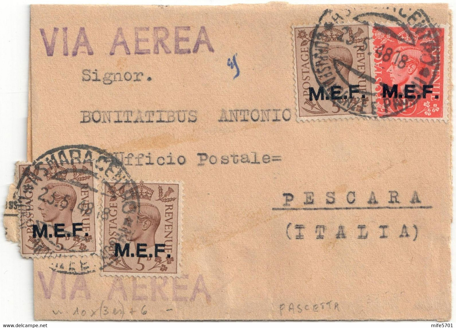 REGNO D'ITALIA OCCUPAZIONI M.E.F. FASCETTA DA ASMARA A PESCARA 23.5.1948 4 FRANCOBOLLI DA P. 1 + 3 ES. P. 5 SASSONE 6/10 - British Occ. MEF