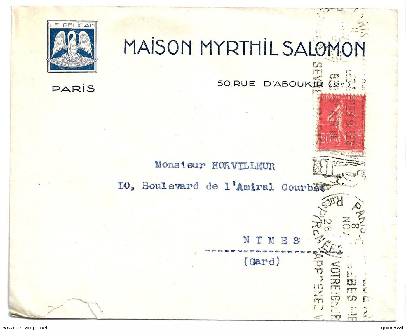 PARIS XX R Pyrénées Lettre Entête SALOMON PELICAN 50c Semeuse Lignée Yv 199 Ob 1926  Meca Propagande Sauvons 4r Sèvres - Mechanical Postmarks (Advertisement)