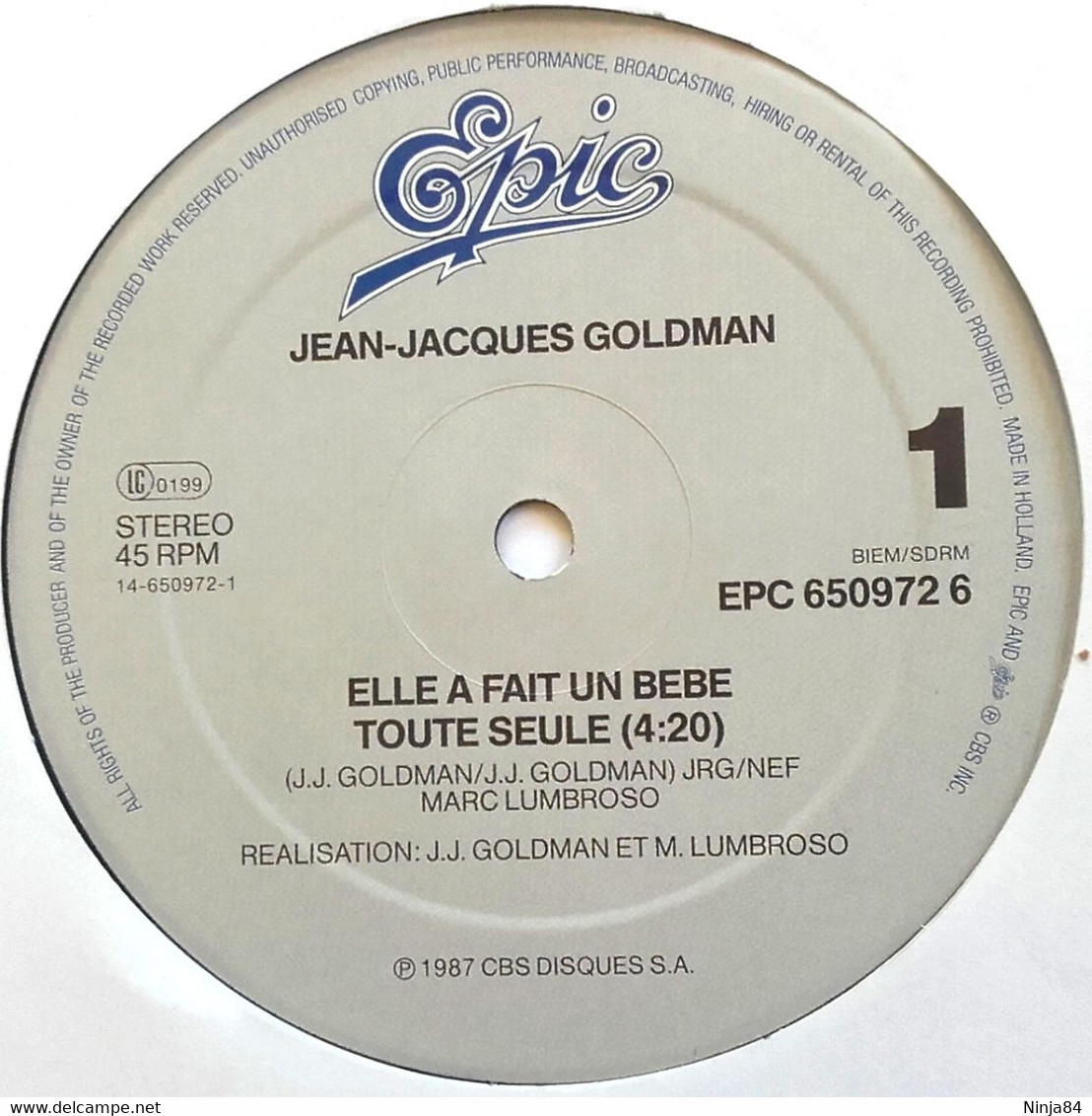 MAXI 45 RPM (12")  Jean-Jacques Goldman "  Elle A Fait Un Bébé Toute Seule  " Hollande - 45 T - Maxi-Single