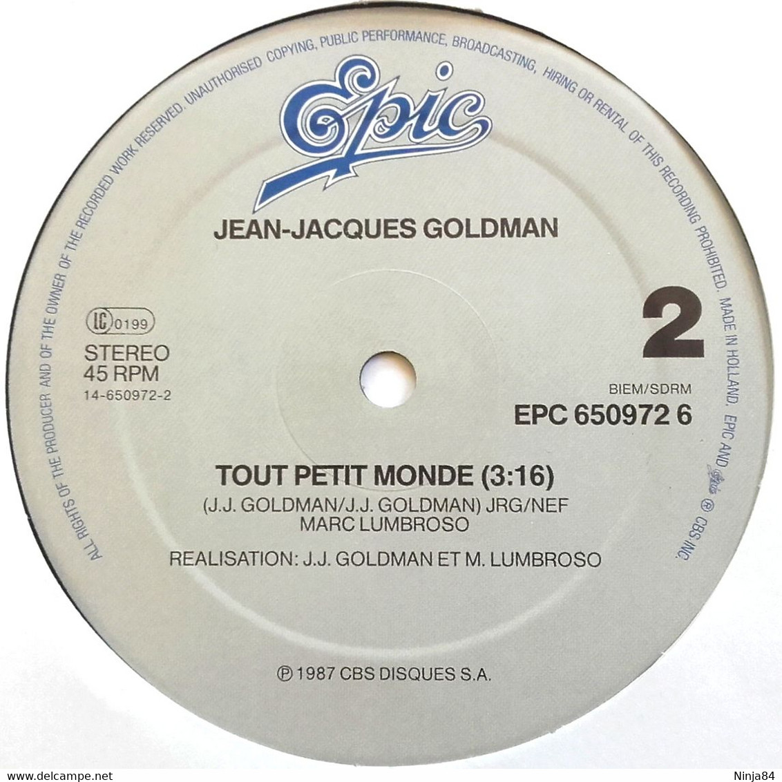 MAXI 45 RPM (12")  Jean-Jacques Goldman "  Elle A Fait Un Bébé Toute Seule  " Hollande - 45 T - Maxi-Single