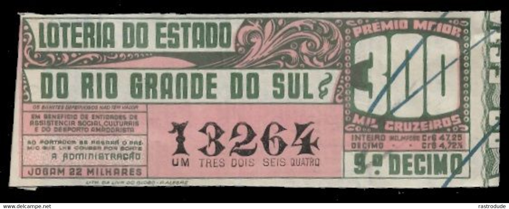 1947 BRAZIL BRASIL - LOTTERY TICKET BILHETE DE LOTERIA DO ESTADODO RIO GRANDE DO SUL - Lottery Tickets