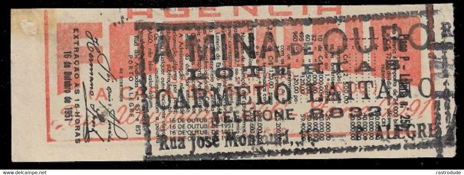 1951 BRAZIL BRASIL - LOTTERY TICKET BILHETE DE LOTERIA RIO GRANDE DO SUL - Lottery Tickets