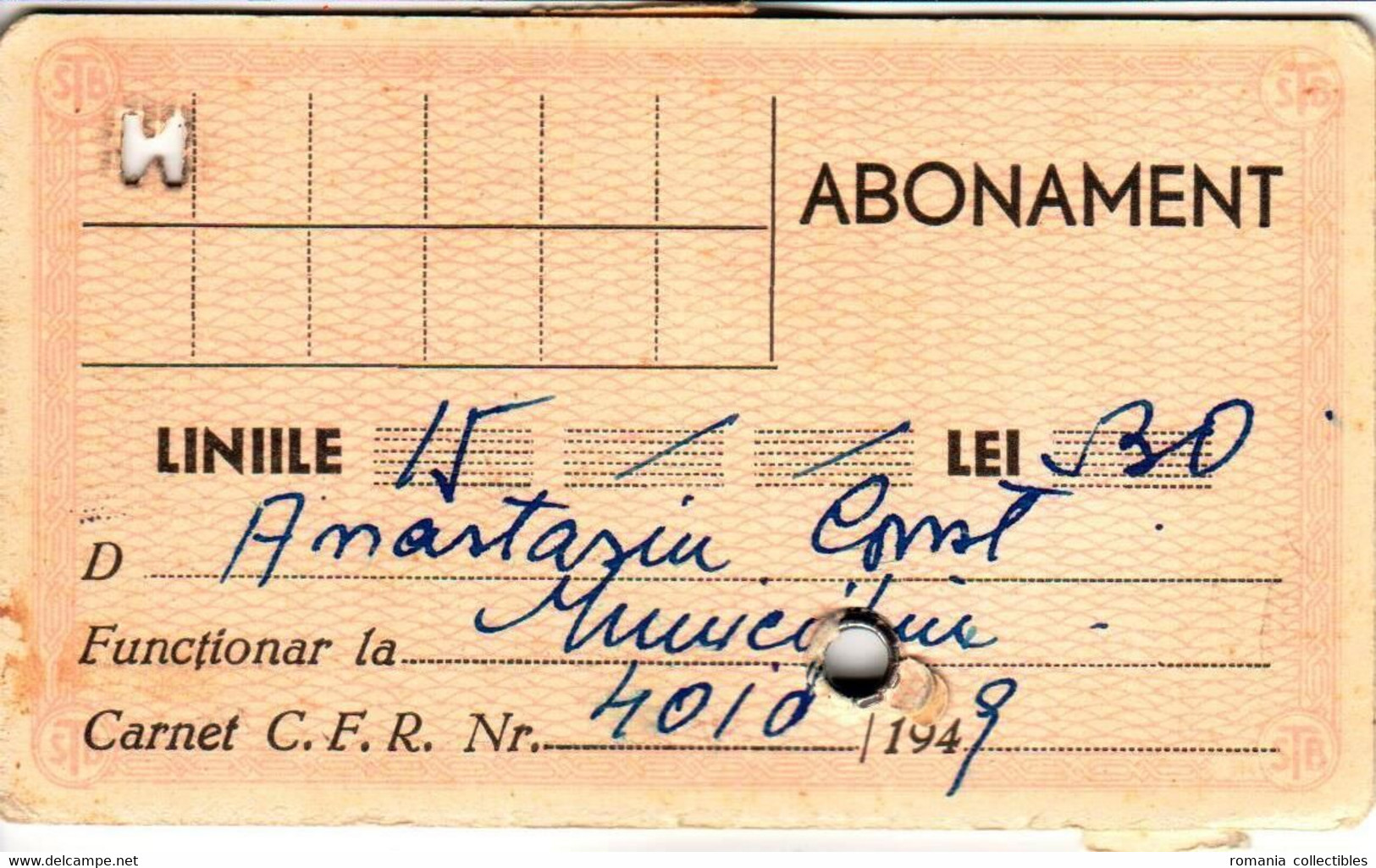 Romania, 1940's, Bucharest Tramway - Vintage Transport Pass, ITB - Rare Cinderella - Altri & Non Classificati