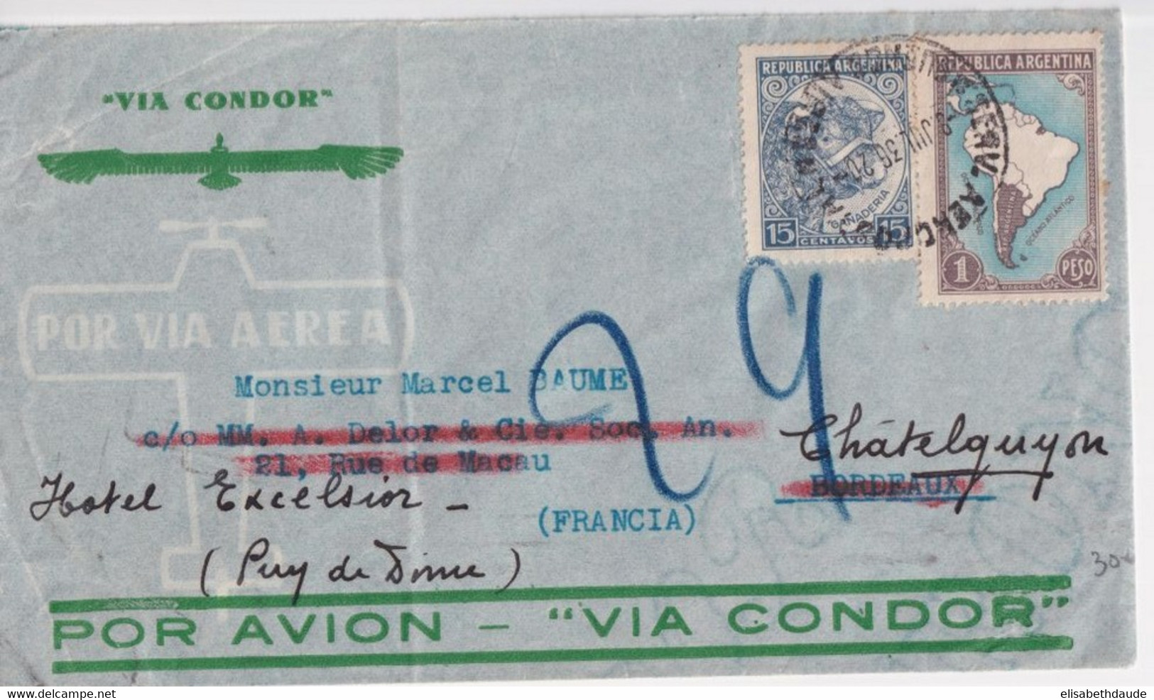 1936 - CONDOR - ENVELOPPE De BUENOS AIRES (ARGENTINE) => BORDEAUX => CHATELGUYON (PUY DE DOME) - Posta Aerea