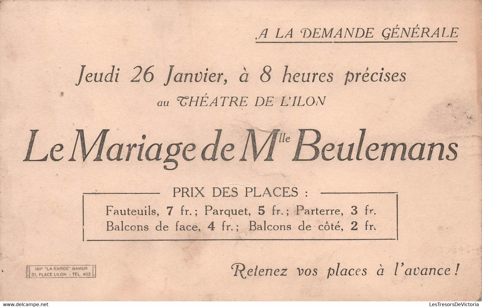 CPA - Theatre - Le Marige De Mlle Beulemans - Theatre De L'ilon - Beulemans Marie Sa Fille - Publicité - Flyers - Theatre