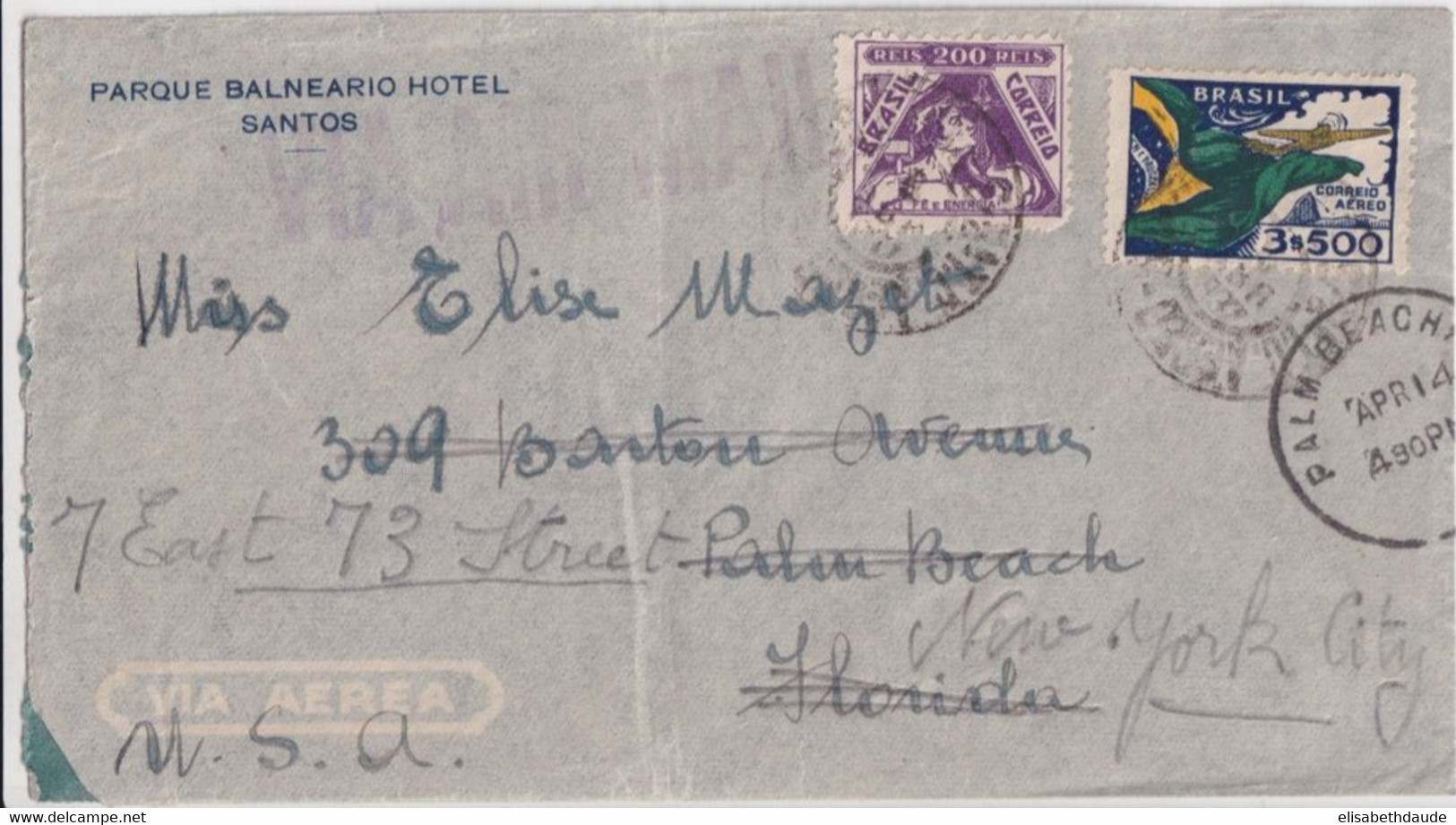 1937 - BRESIL - ENVELOPPE POSTE AERIENNE De SANTOS => PALM BEACH (FLORIDA) => NEW YORK - Luftpost