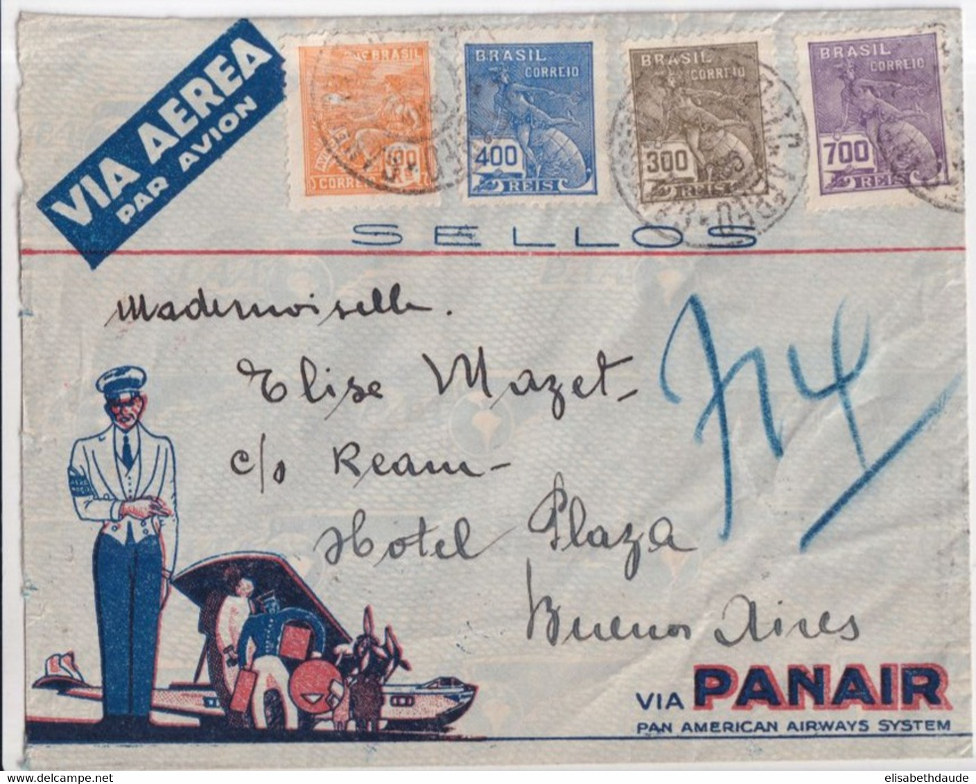 1936 - BRESIL - ENVELOPPE ILLUSTREE POSTE AERIENNE PANAIR De SANTOS => BUENOS AIRES (ARGENTINE) - Aéreo