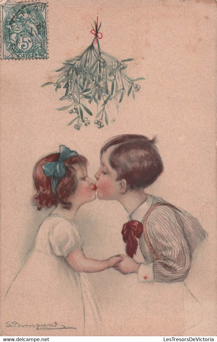 CPA - Illustrateur Bompard - Deux Enfants Qui S'embrassent Sous Le Gui - Carte Italienne - Bompard, S.