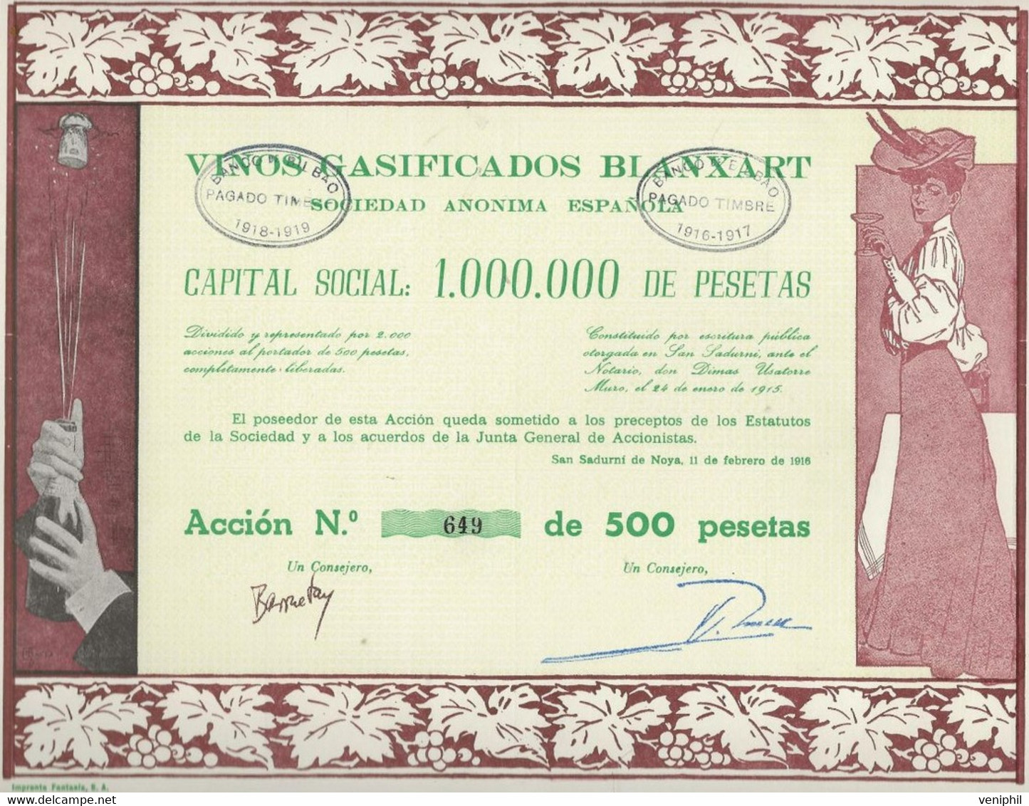 ESPAGNE - VINS GASIFICADOS BLANXART  - ACTION ILLUSTREE DE 500 PESETAS - ANNEE 1916 - Landwirtschaft