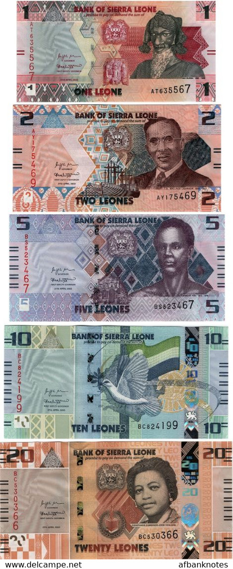 SIERRA LEONE       Set 1-2-5-10-20 Leones      P-W34 → P-W38       27.4.2022   UNC - Sierra Leone