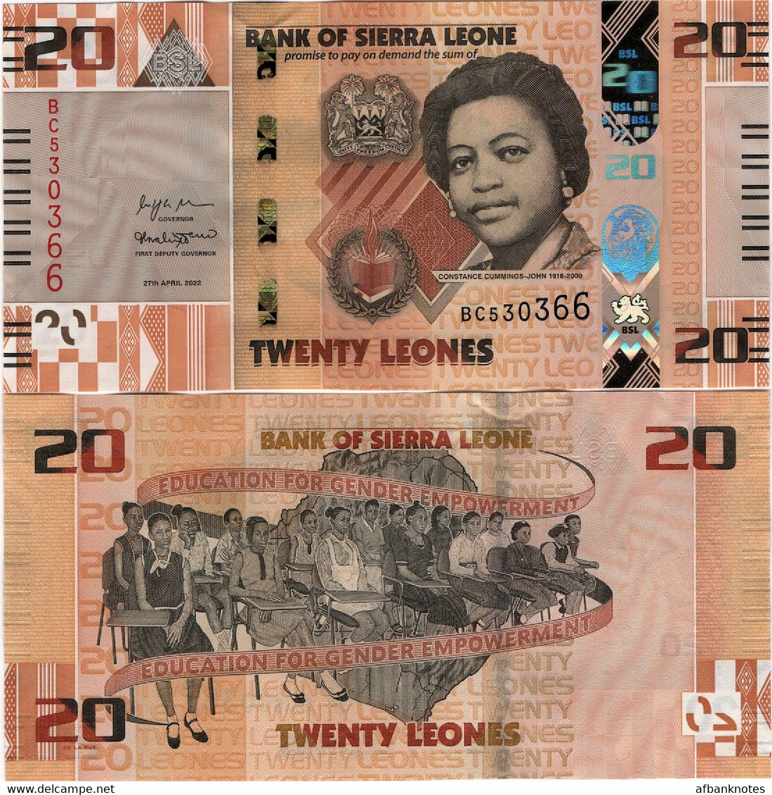 SIERRA LEONE       Set 1-2-5-10-20 Leones      P-W34 → P-W38       27.4.2022   UNC - Sierra Leone