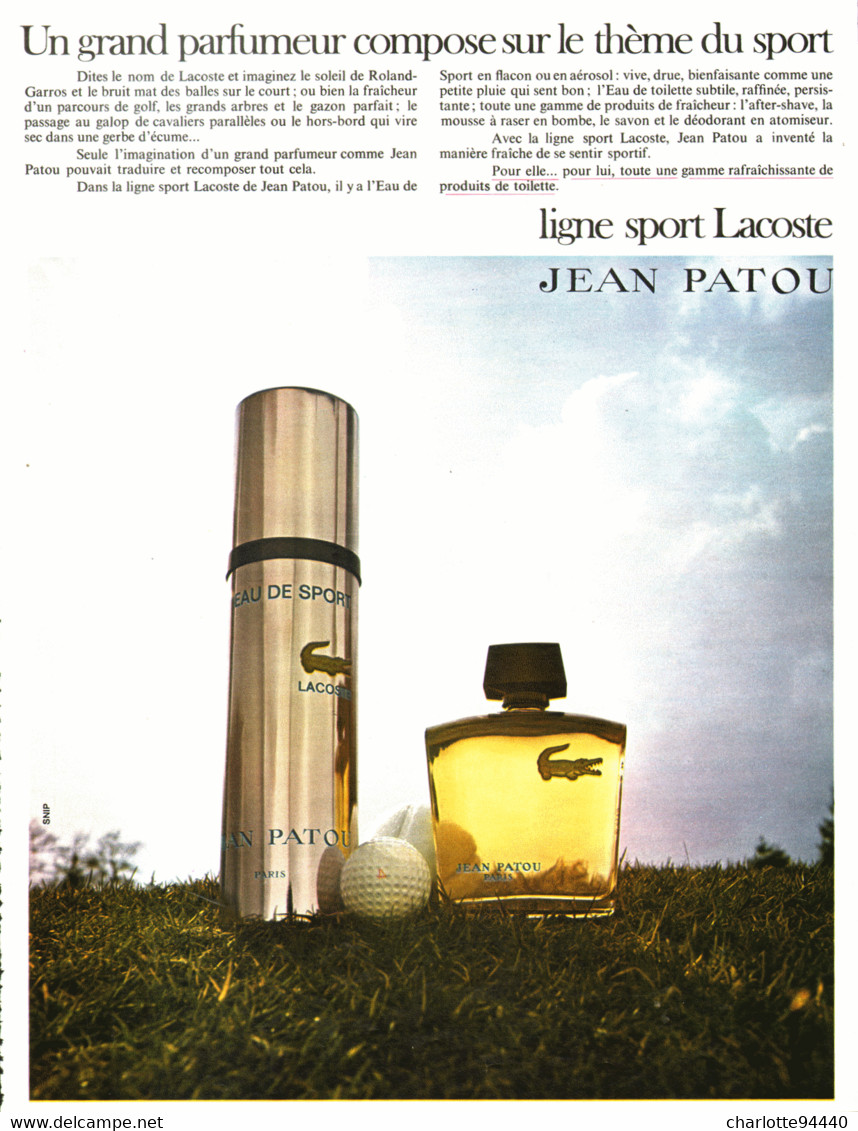 PUB PARFUM   De "  EAU DE SPORT LACOSTE  "  De " JEAN PATOU "  1973 ( 2 ) - Ohne Zuordnung