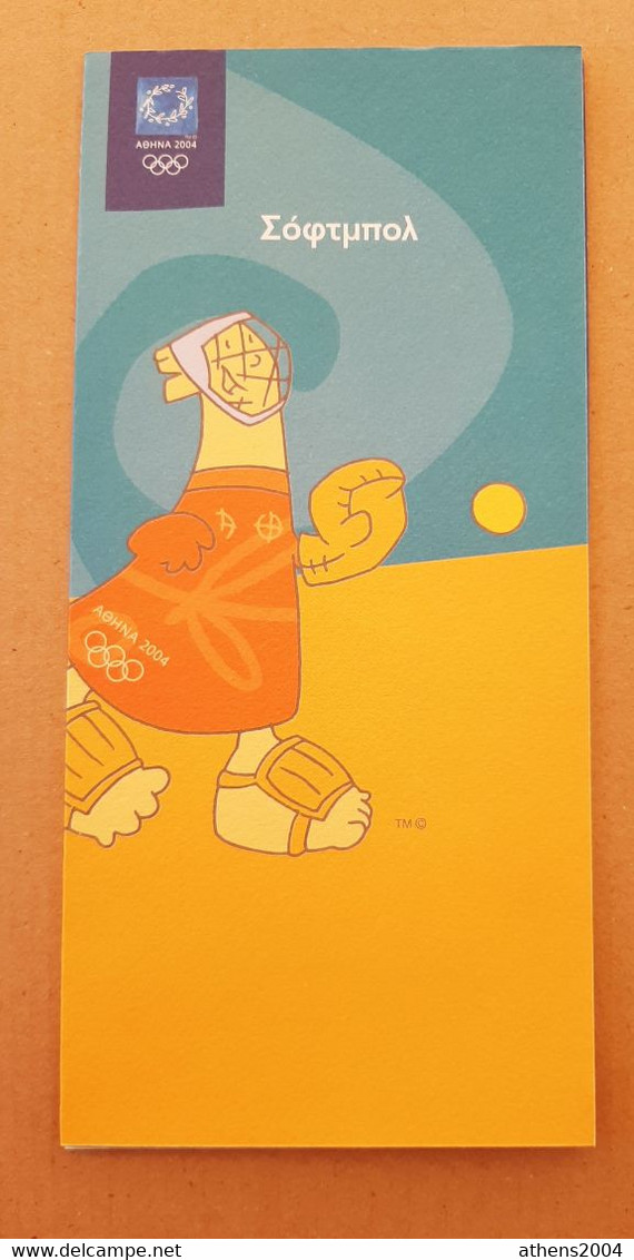 Athens 2004 Olympic Games, Softball Leaflet With Mascot In Greek Language - Bekleidung, Souvenirs Und Sonstige