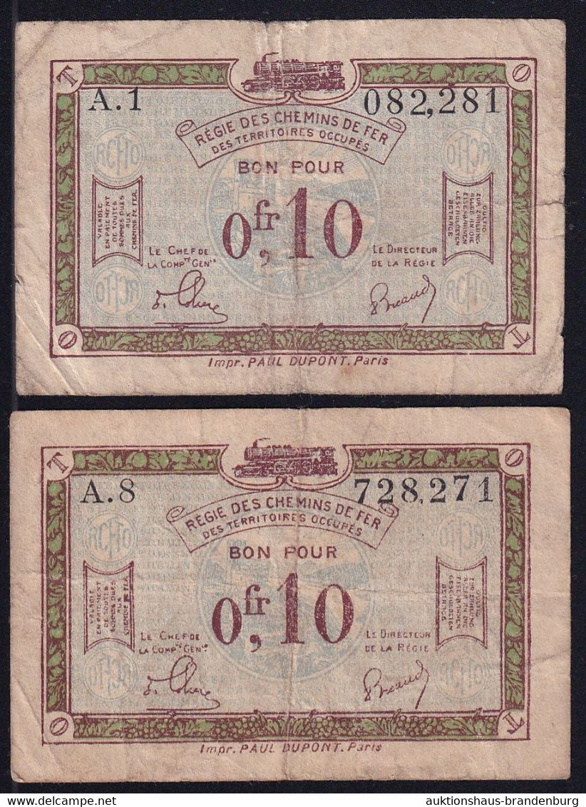 2x 0,10 Francs1923 O.A. - Serie A.1 + A.8 - Régie Des Chemins De Fer Des Territoires Occupés - Ohne Zuordnung