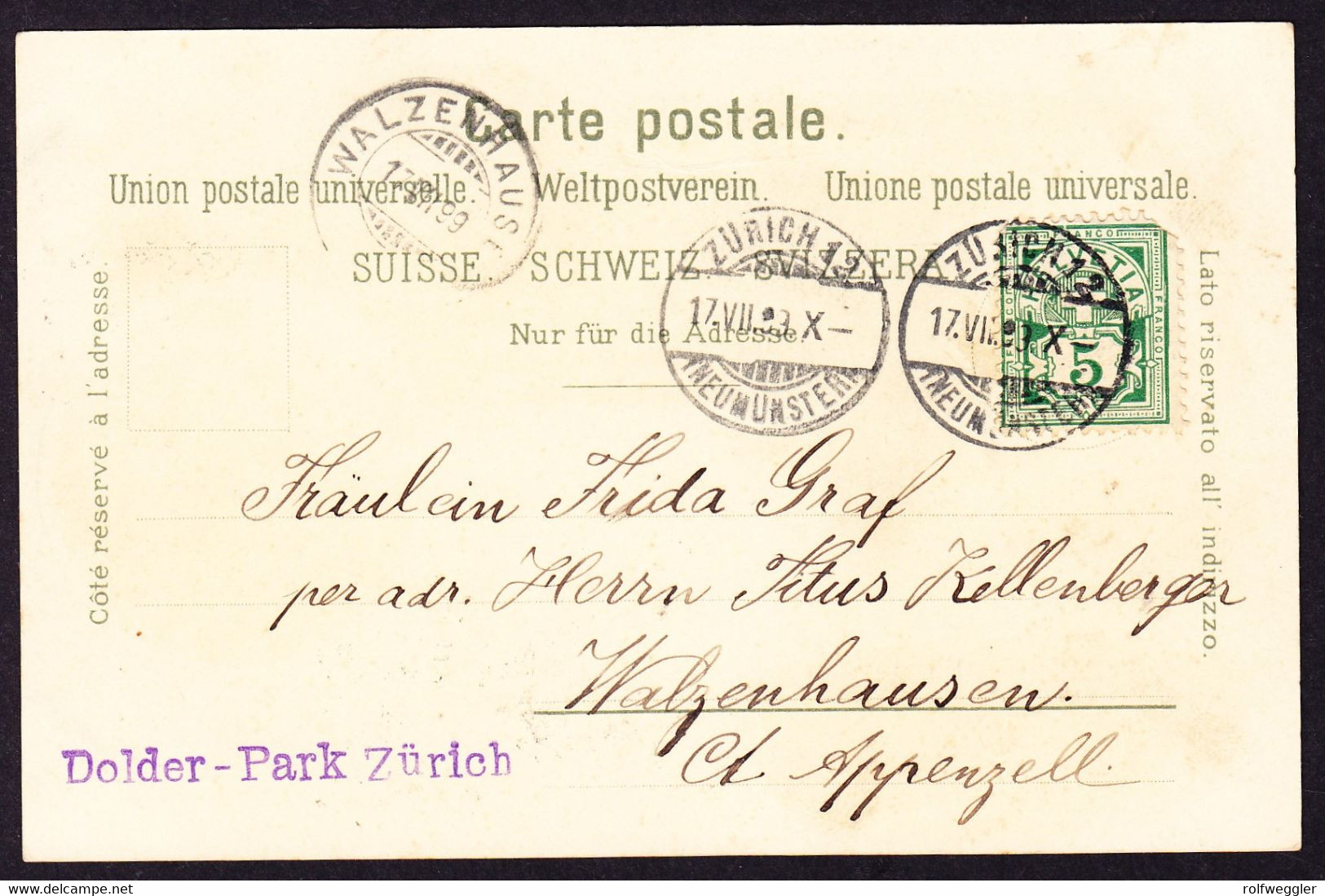 1899 Gelaufene Litho AK, 3 Bildrig: GRUSS AUS ZÜRICH. Hotel Dolder Und Waldhaus Dolder. Marke Eckmangel. - Wald