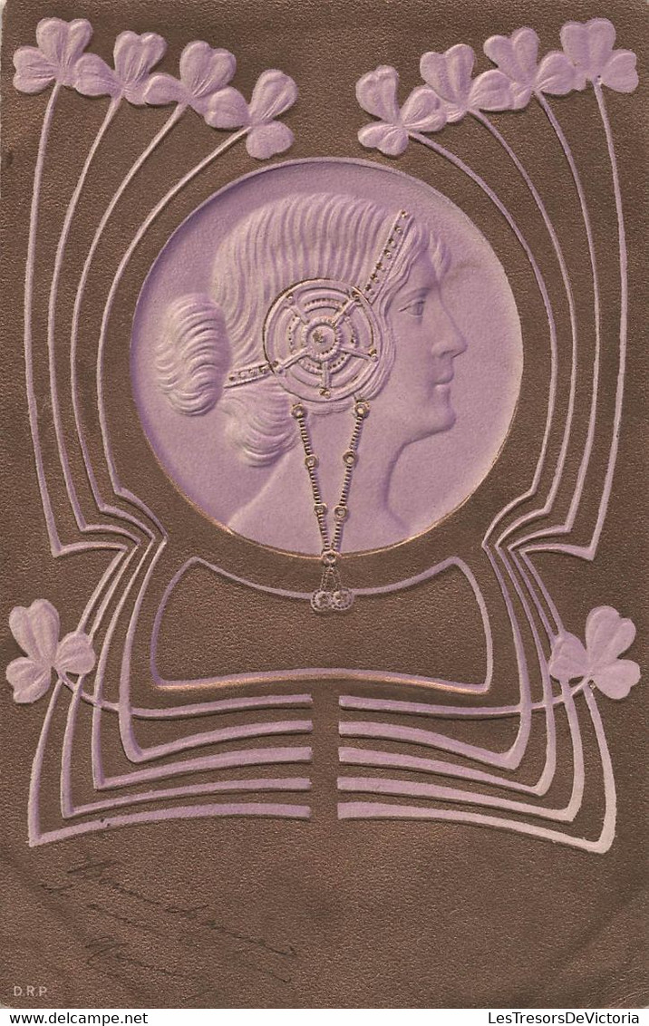 CPA Illustrateur  En Relief - Mauve Et Or Style Art Nouveau - Trèfle - DRP - Dos Simple - Portrait De Femme - Ohne Zuordnung