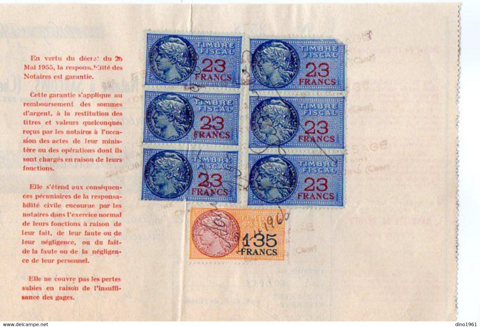 TB 3588 - 1960 - Timbres Fiscaux Sur Reçu - Etude De Me Jean LESAGE , Notaire à SANCOINS ( Cher ) - Lettres & Documents