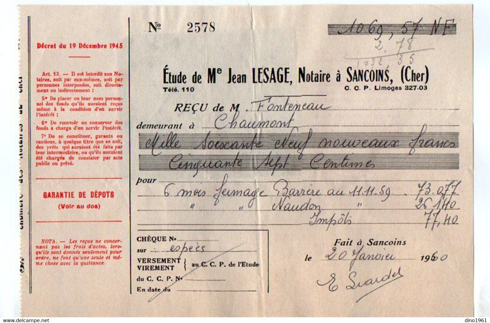 TB 3588 - 1960 - Timbres Fiscaux Sur Reçu - Etude De Me Jean LESAGE , Notaire à SANCOINS ( Cher ) - Lettres & Documents