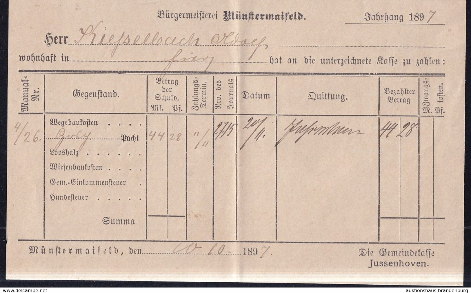 Rechnung D. Bürgermeisterei Münstermaifeld Vom 10.10.1897 - Gemeindekasse Jussenhoven - 1800 – 1899