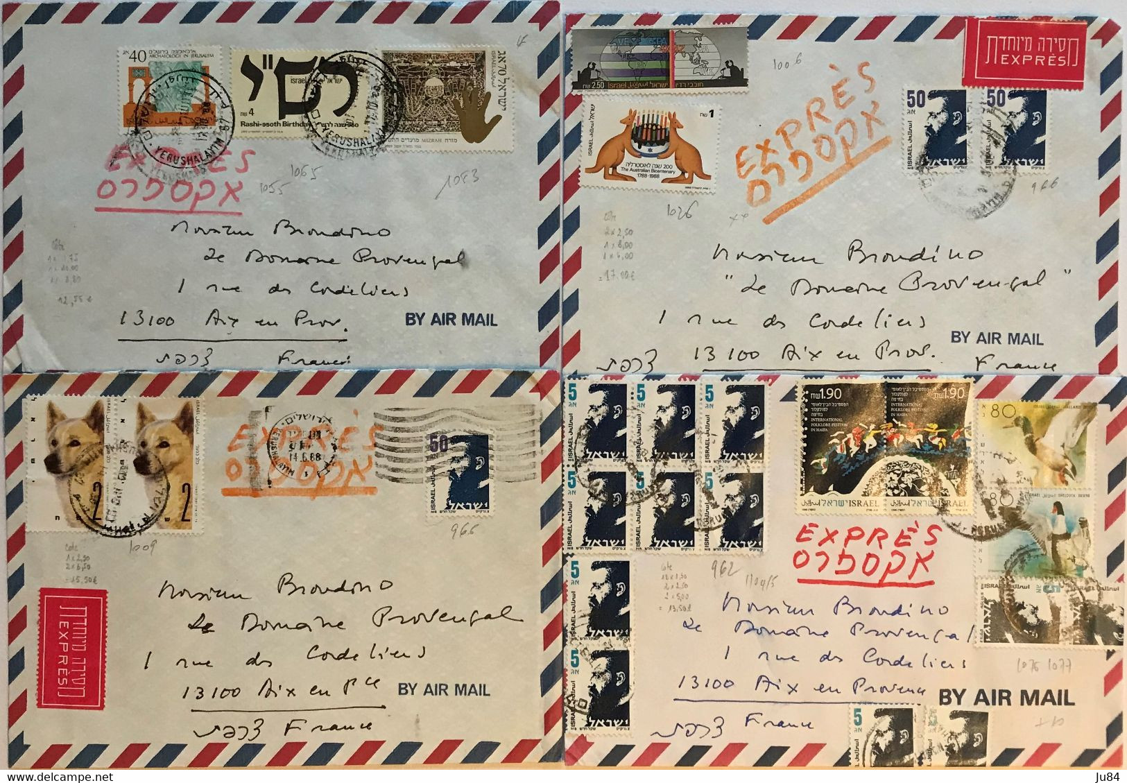 Israël - Jérusalem - Lot 4 Lettres Avion Express Pour La France - Beaux Affranchissements - 1988 - Lettres & Documents