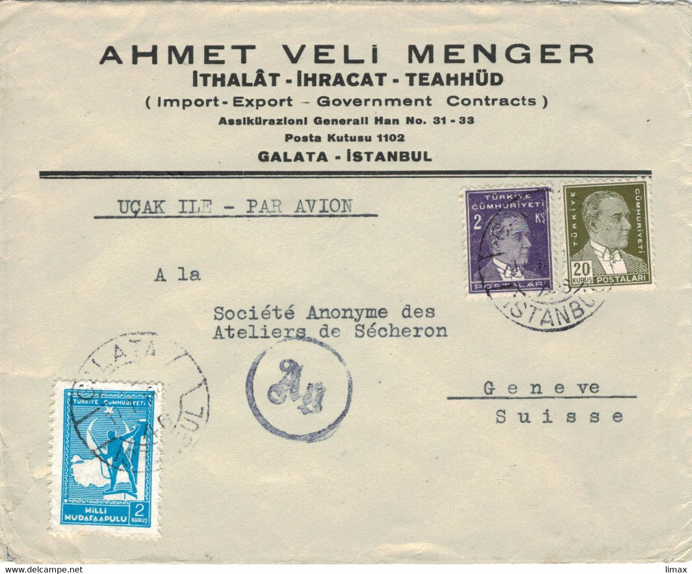 Ahmet Veli Menger Galata > SA Des Ateliers De Secheron - Zensur Ag [Wien ?] Rs 219 - Atatürk - Cartas & Documentos