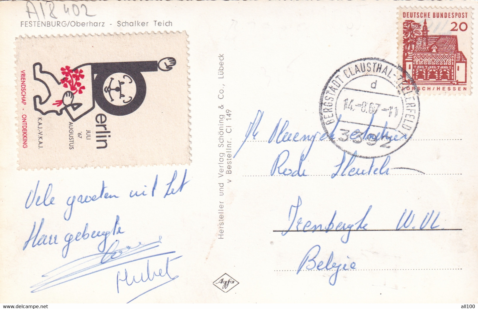 A18402 - FESTENBURG OBERHARZ SCHALKER TEICH POST CARD USED 1967 STAMP BERLIN VRIENDSCHAP ONTDEKKING SENT TO BELGIUM - Oberharz