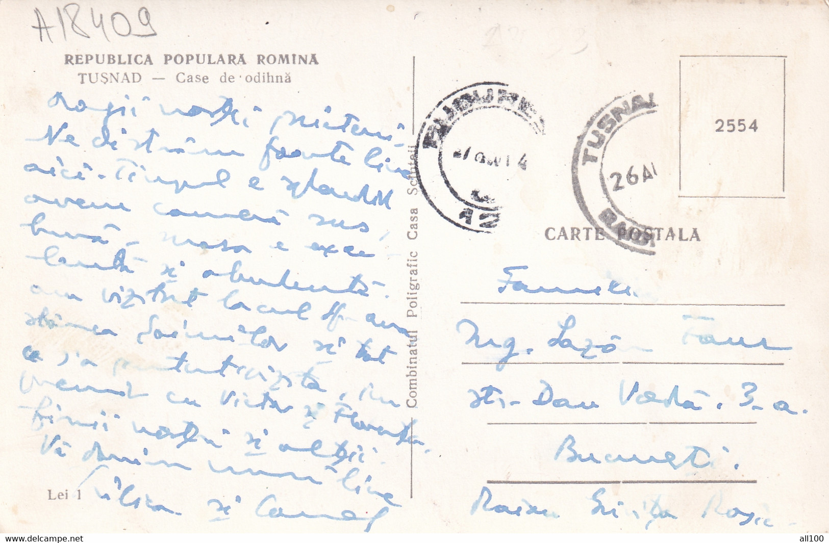 A18409 - TUSNAD CASE DE ODIHNA RPR POST CARD USED SENT TO BUCURESTI - Santé