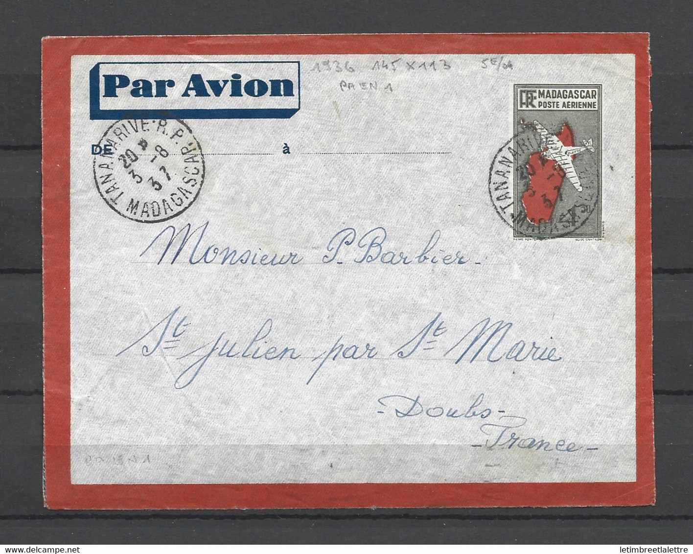 ⭐ Madagascar - Poste Aérienne - Entier Postal - Enveloppe - N° PA EN 1 - 1936 ⭐ - Covers & Documents