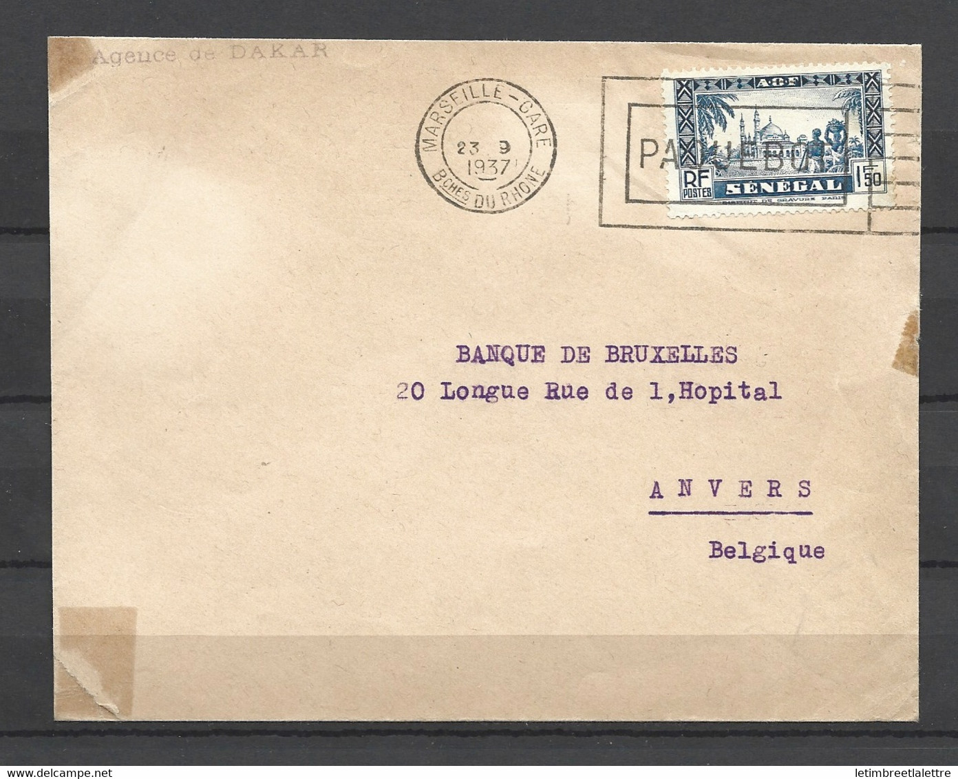 Sénégal - Poste Maritime - YT N° 108 Oblitéré Marseille Paquebot Pour La Belgique - 1937 - Storia Postale