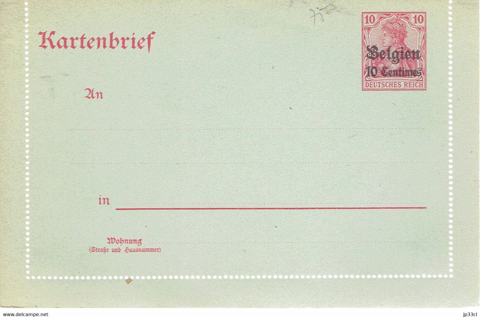 Kartenbrief Neuve Vierge Belgien 10 Centimes - German Occupation