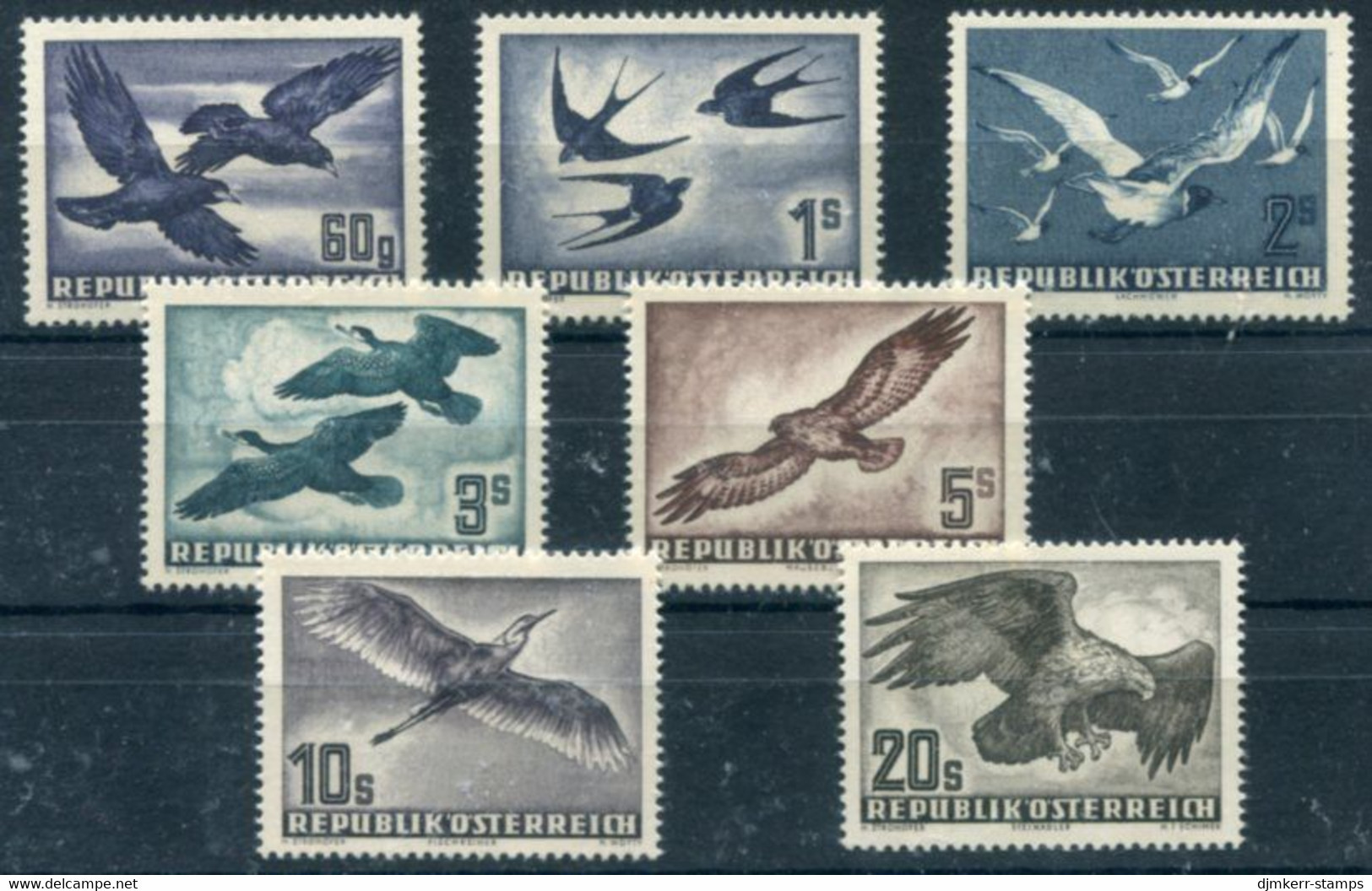 AUSTRIA 1950-1953 Birds Set Of Seven Values MNH / **  Michel 955-56, 968, 984-87 - Unused Stamps