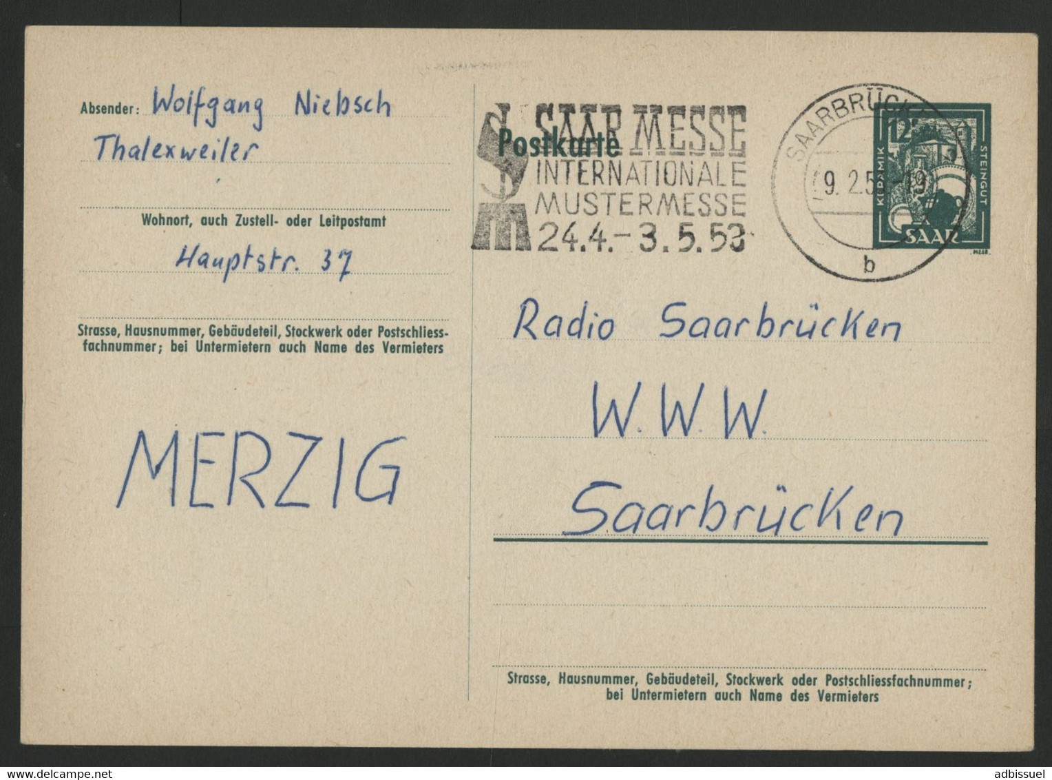 Carte 12 F Céramique (ACEP CP 37) Postkarte Keramik (P 33) Obl. Saarbrucken 9/2/53. TB - Entiers Postaux