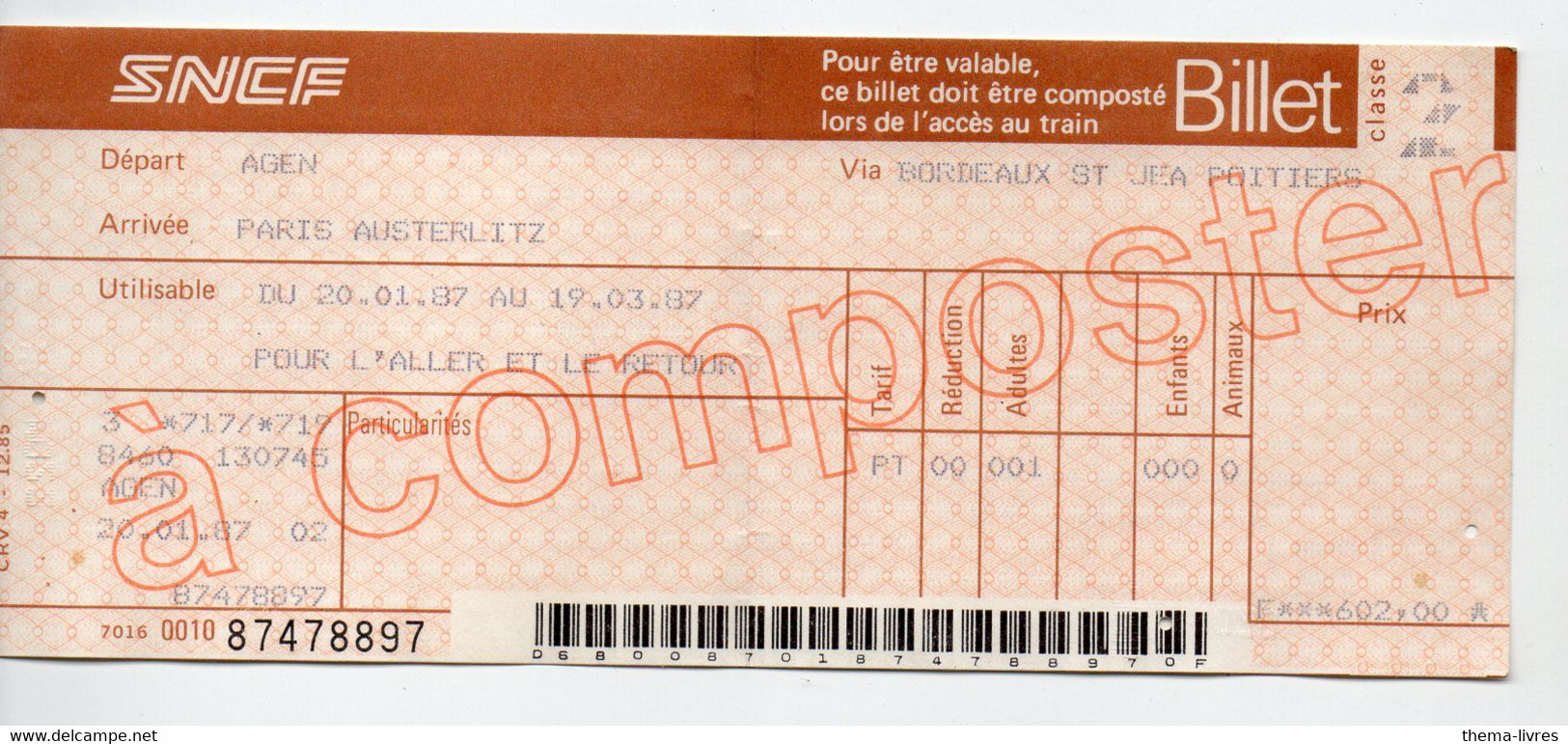 BILLET SNCF Agen-Paris 1987  (PPP39284) - Europa
